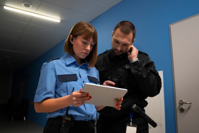 Security officers reviewing incident details on a tablet during routine building patrol.