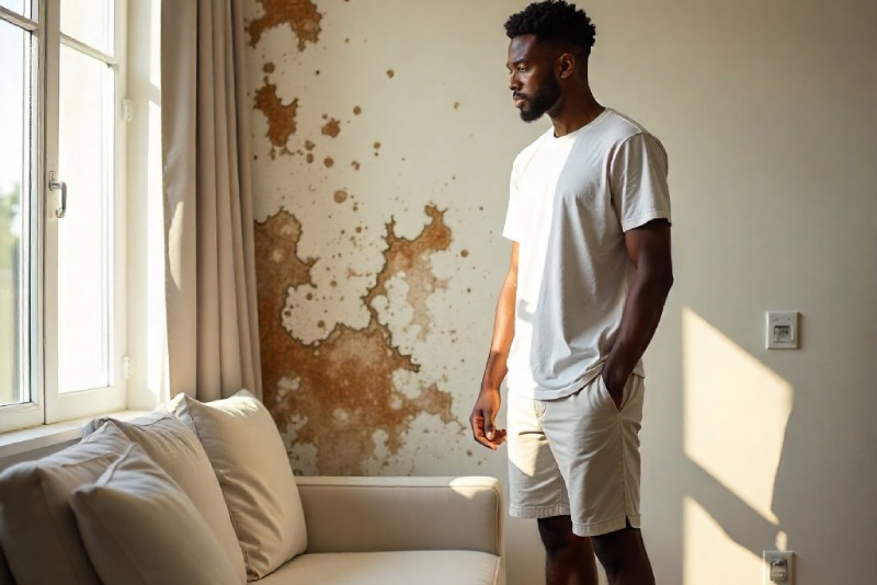 Concerned tenant standing near mold-damaged wall in rental apartment