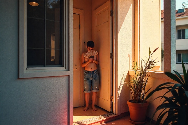 California tenant standing in an apartment doorway fanning themselves in extreme heat, illustrating unhealthy living conditions without air conditioning.