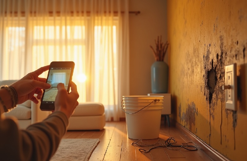 Inquilino fotografía una pared con humedad y moho; cubo en el suelo recoge goteras en una sala de alquiler