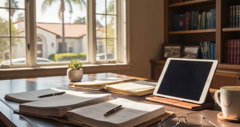 Desk with paperwork and tablet by the window, representing tenant preparing a 30-day notice to landlord in California.